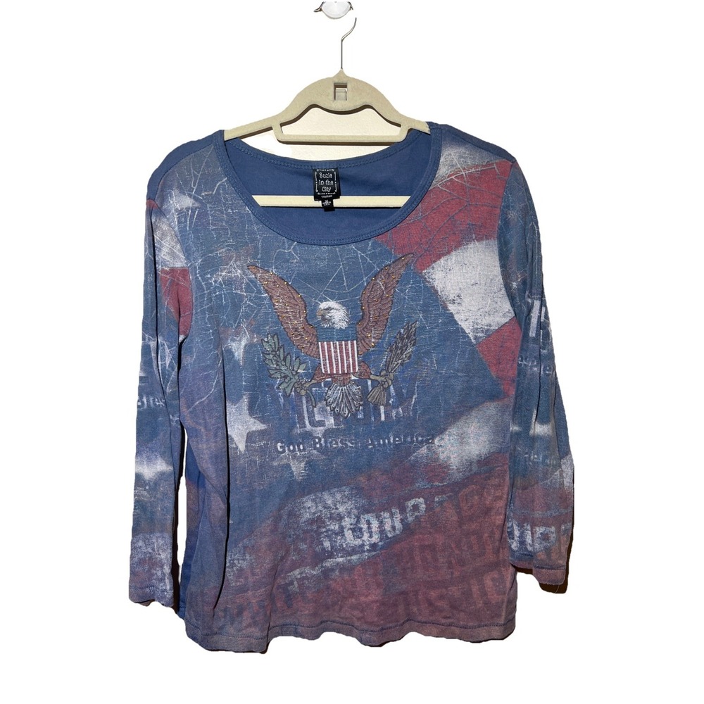 Suzie in the City Women Top XL Patriotic Eagle God Bless‎ America Sequin Tie Dye